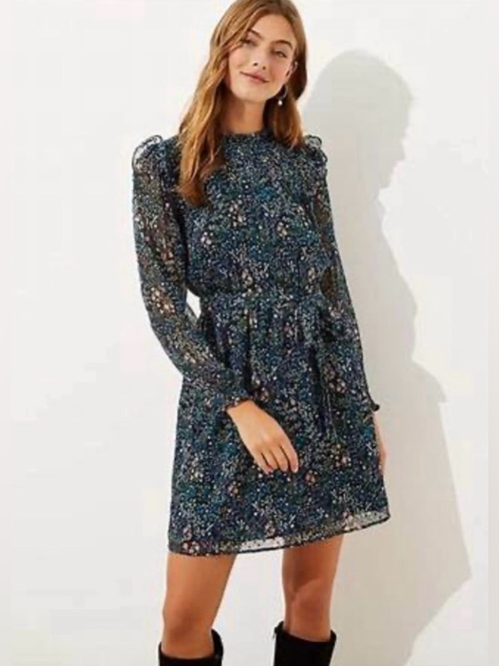 LOFT Dark Teal Floral Long-Sleeve High-Neck Mini Dress